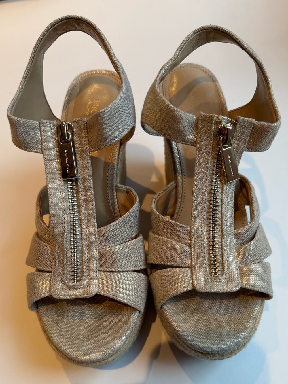 MICHAEL Michael Kors, Beige/Metallic Gold Wedge Sandals with Front Zipper, 6M